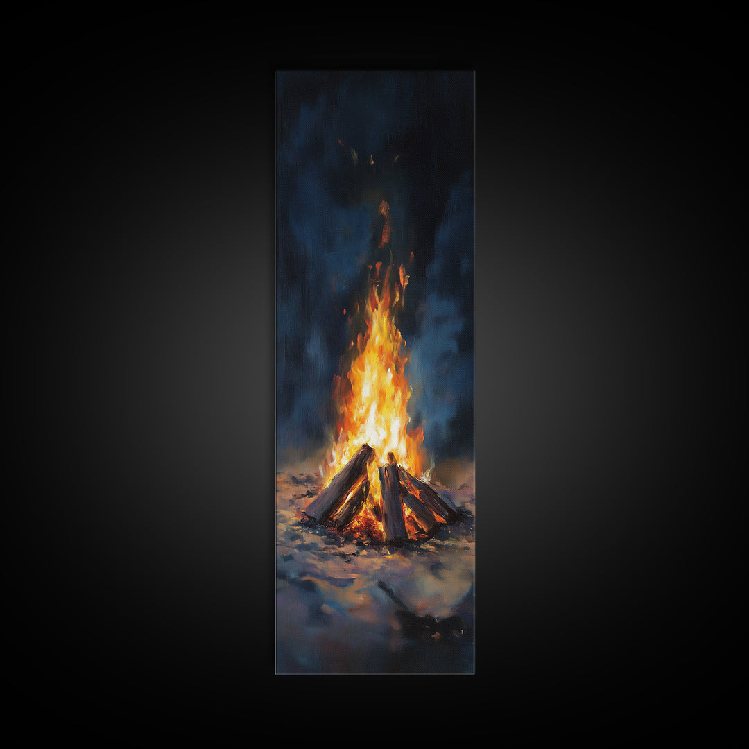 Glowing Campfire Night Landscape Wall Art, Rustic Cabin Decor, Moody Nature Art Print, Cozy Winter Living Room Decor Gift