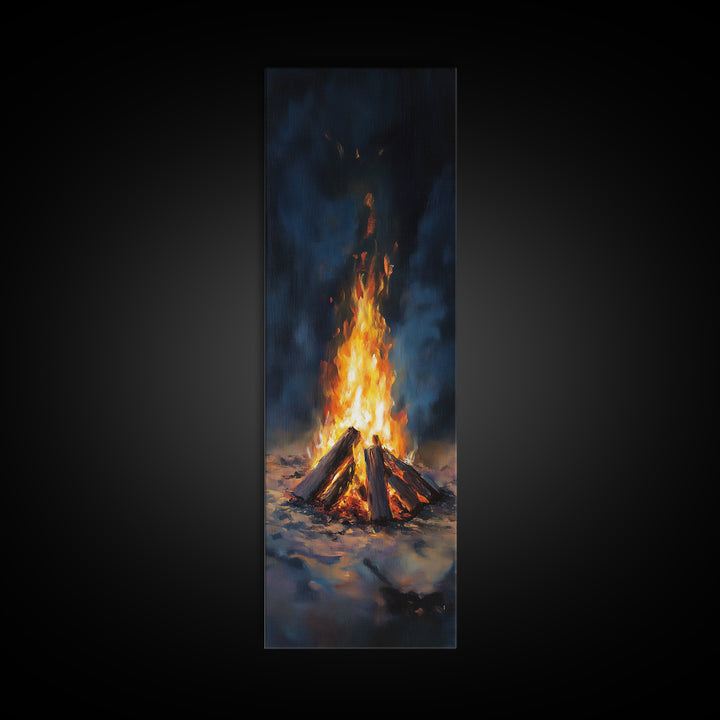 Glowing Campfire Night Landscape Wall Art, Rustic Cabin Decor, Moody Nature Art Print, Cozy Winter Living Room Decor Gift