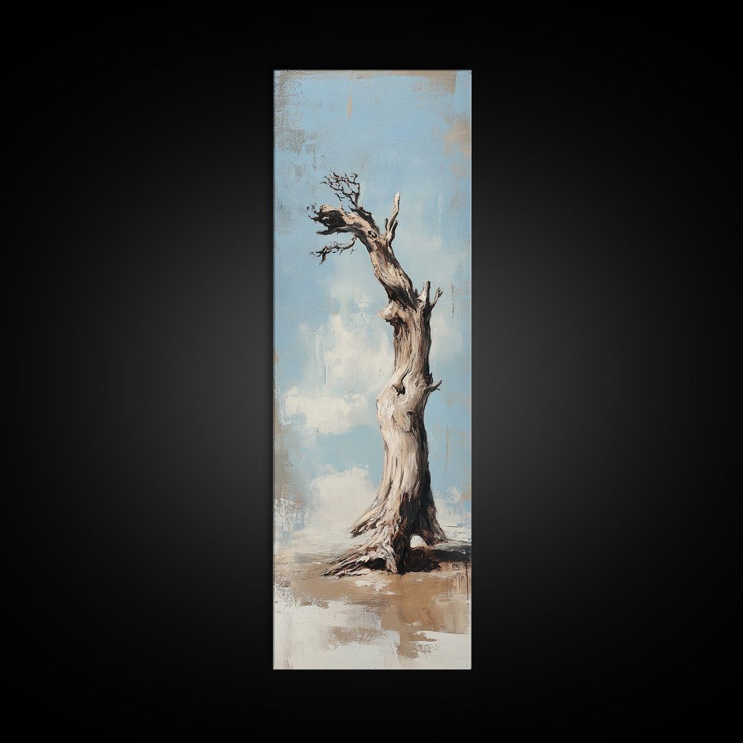 Lone Weathered Tree Wall Art, Rustic Landscape Painting, Minimalist Nature Print, Neutral Farmhouse Living Room Decor Gift