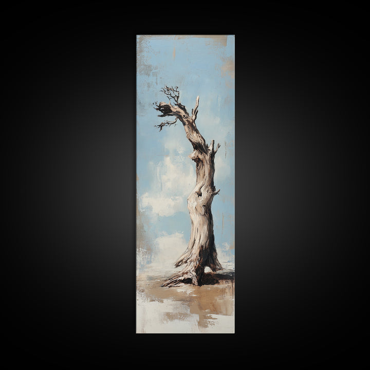 Lone Weathered Tree Wall Art, Rustic Landscape Painting, Minimalist Nature Print, Neutral Farmhouse Living Room Decor Gift