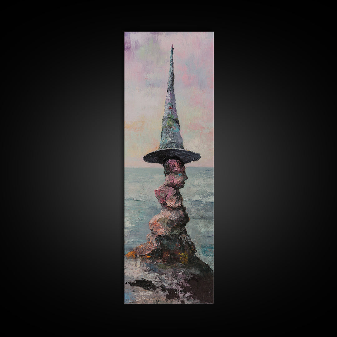 Whimsical Wizard Hat Rock Tower Wall Art, Fantasy Seascape, Surreal Art Print, Magical Coastal Decor, Unique Gift, Living Room Decor