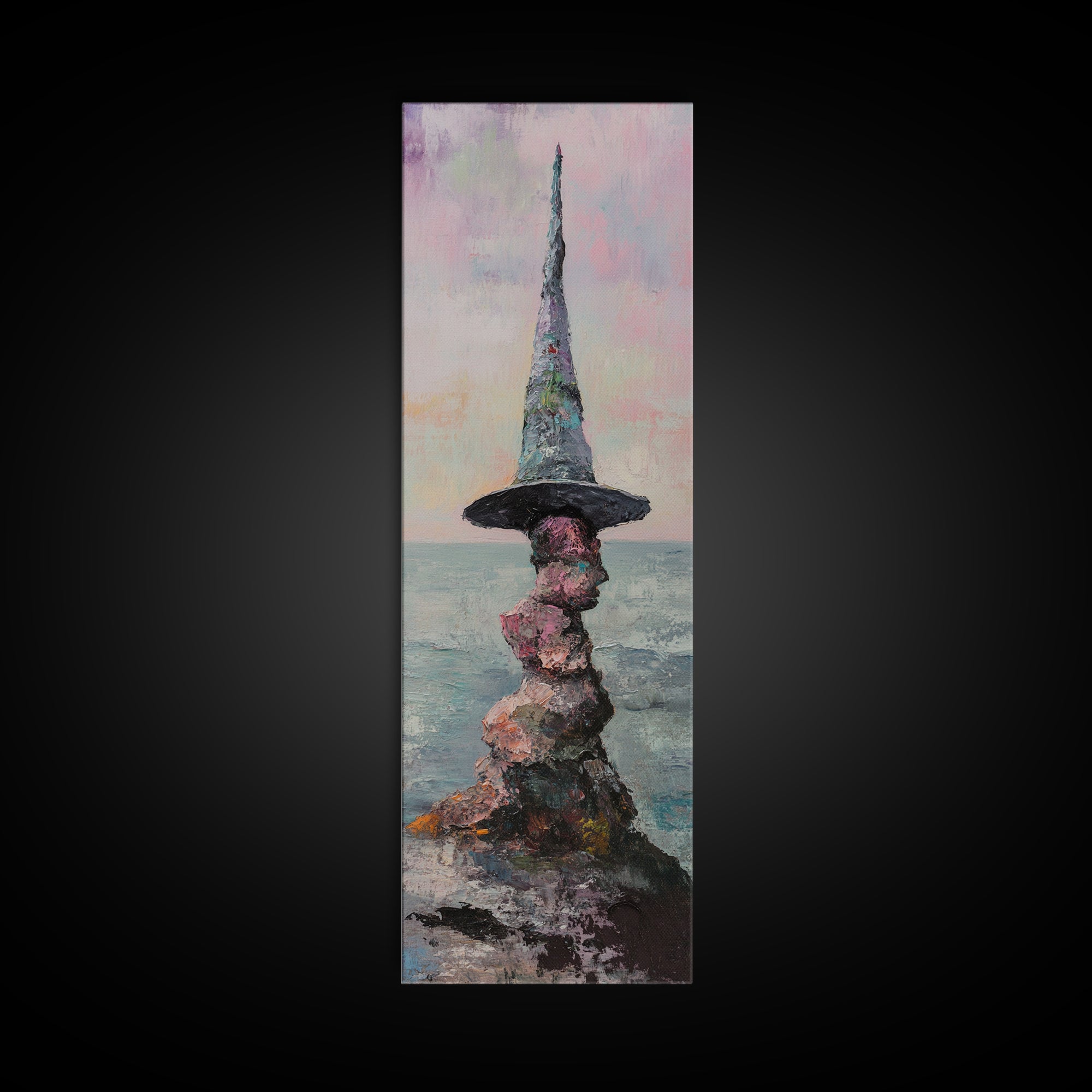 Whimsical Wizard Hat Rock Tower Wall Art, Fantasy Seascape, Surreal Art Print, Magical Coastal Decor, Unique Gift, Living Room Decor