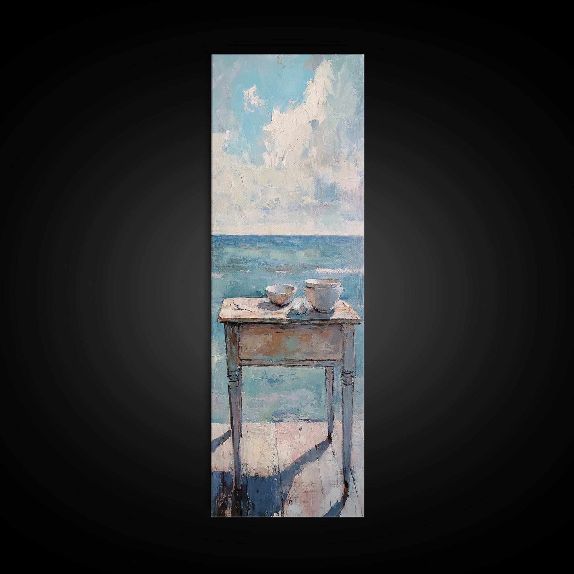 Two Teacups By The Sea Coastal Still Life Wall Art, Ocean Canvas Wall Decor, Beach House Living Room Decor, Neutral Seascape Kitchen Print