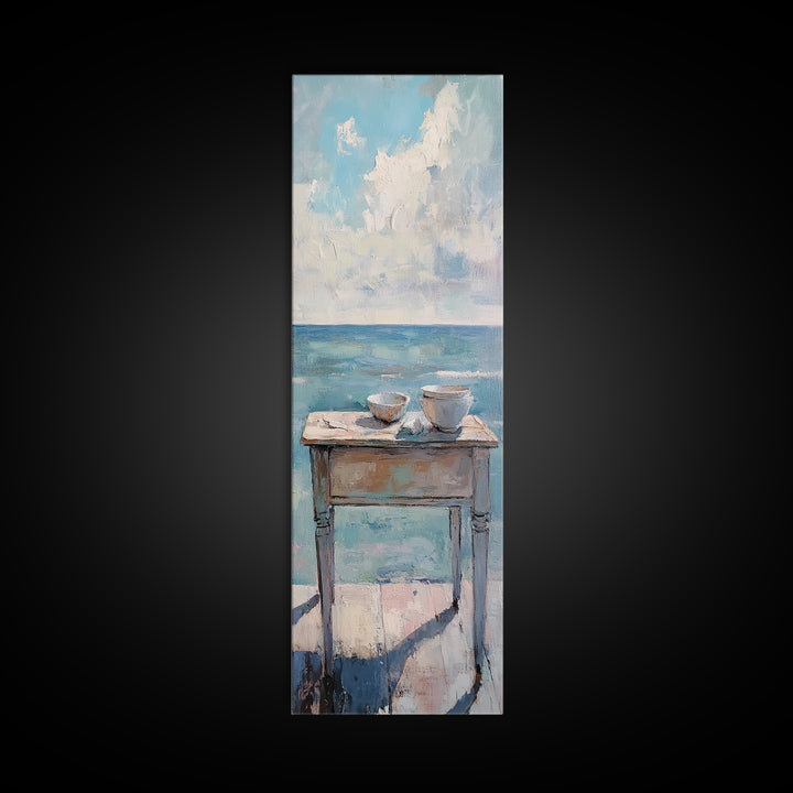 Two Teacups By The Sea Coastal Still Life Wall Art, Ocean Canvas Wall Decor, Beach House Living Room Decor, Neutral Seascape Kitchen Print
