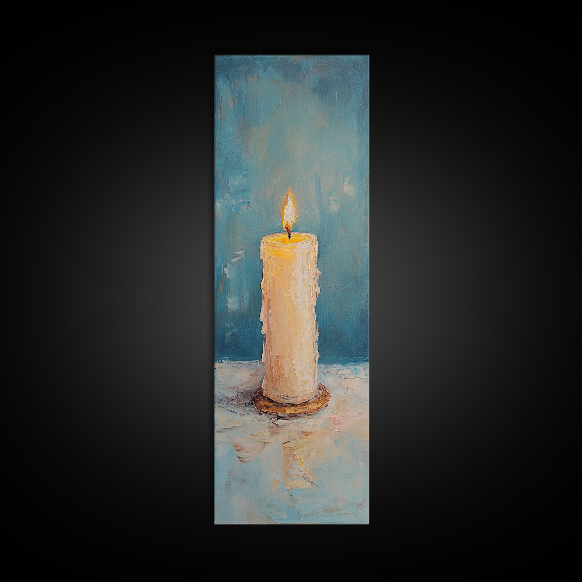 Glowing Pillar Candle Still Life Framed Canvas Print, Moody Wall Art, Meditation Room Decor, Spa Bathroom Art, Cozy Home Decor