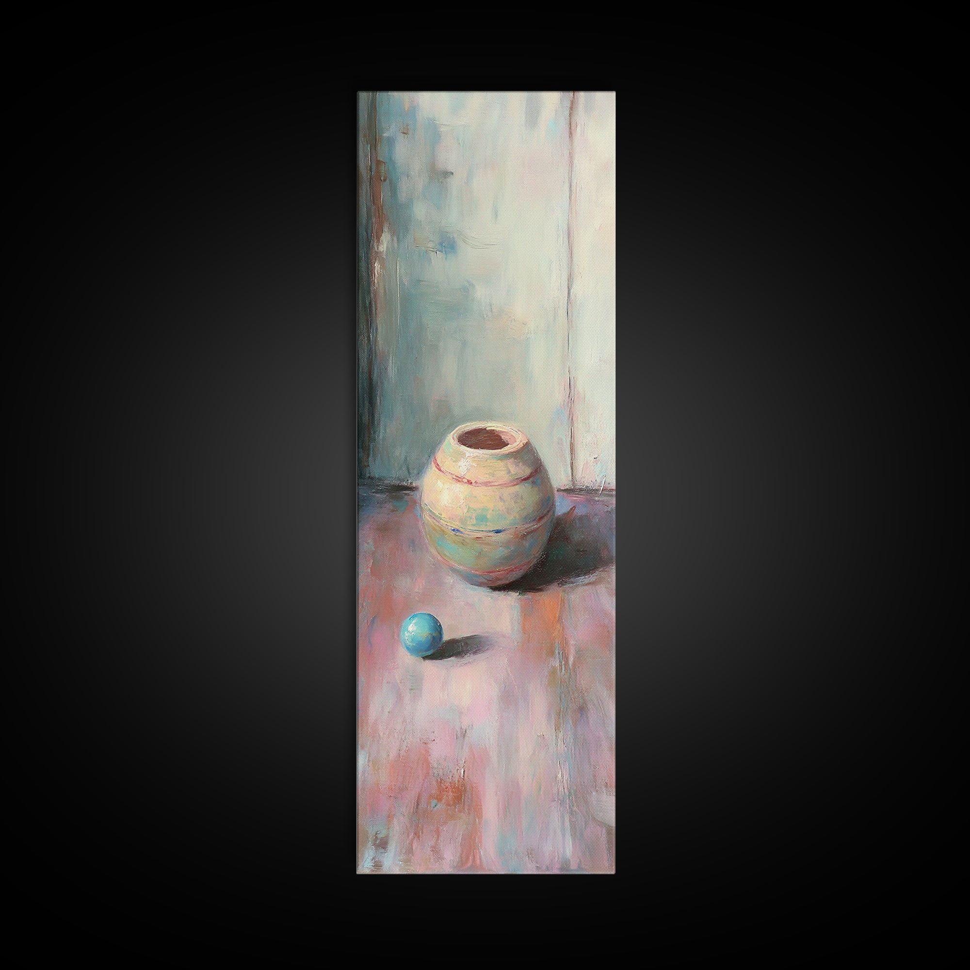 Small Ceramic Pot And Blue Ball Still Life Wall Art, Pastel Minimalist Canvas Print, Wabi Sabi Decor, Soft Abstract Art Print