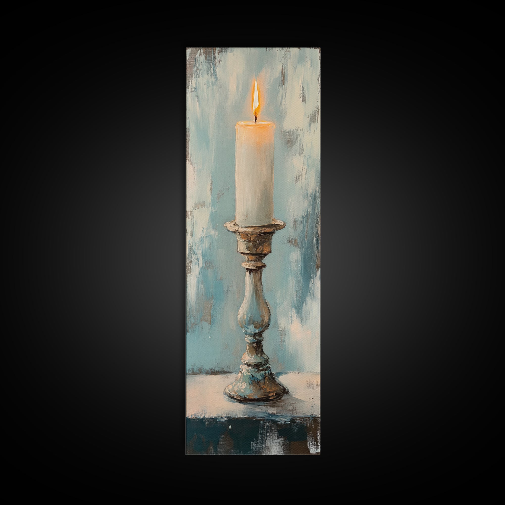 Lit Candle On Antique Holder Framed Canvas Print, Moody Still Life Wall Art For Rustic Home Decor, Spiritual Gift, Housewarming Gift