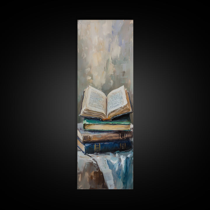 Open Book Stack Library Wall Art, Cozy Dark Academia Canvas Print For Reading Nook Decor, Book Lover Gift, Office Decor, Home Decor