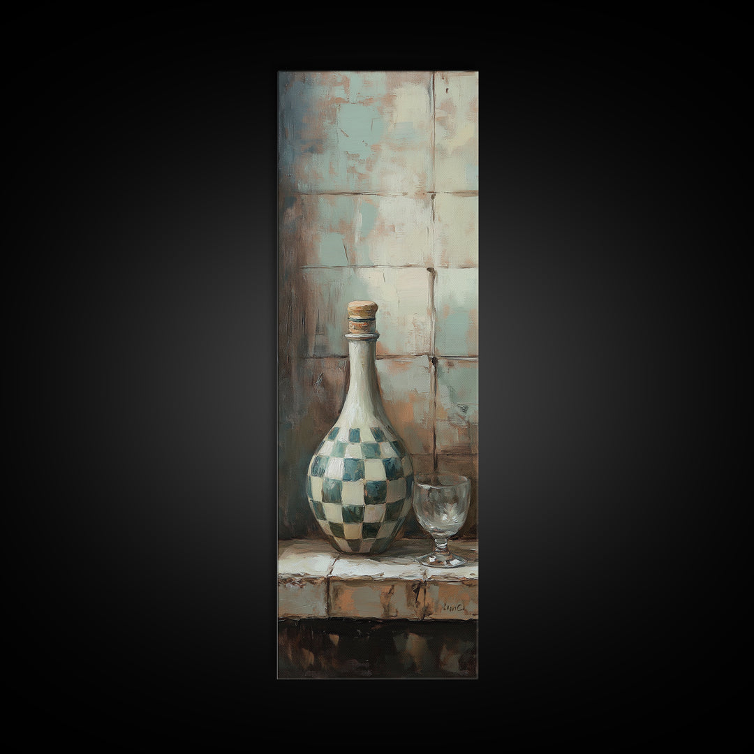 Checkered Ceramic Bottle And Wine Glass Wall Art, Rustic Kitchen Decor, Mediterranean Still Life Canvas Print For Dining Room