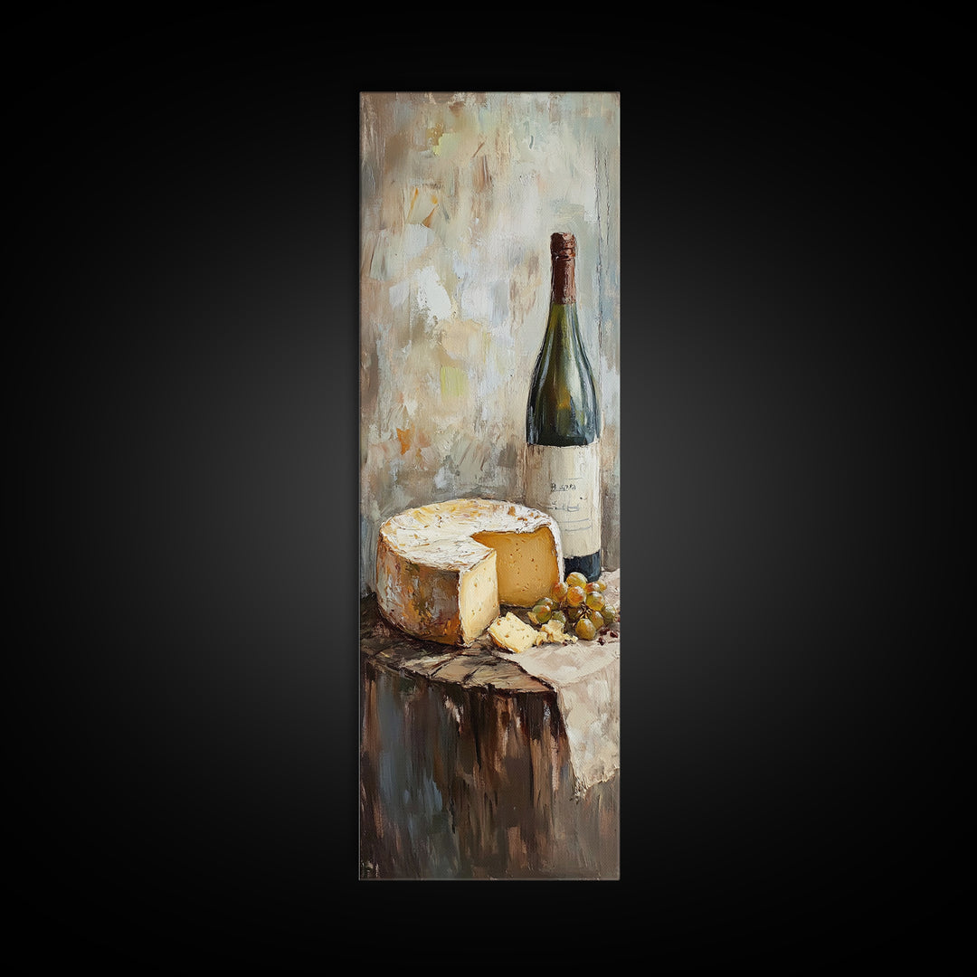 Cheese Wheel Wine Bottle And Grapes Wall Art, Rustic Kitchen Decor, Foodie Gift, French Farmhouse Canvas Print For Dining Room