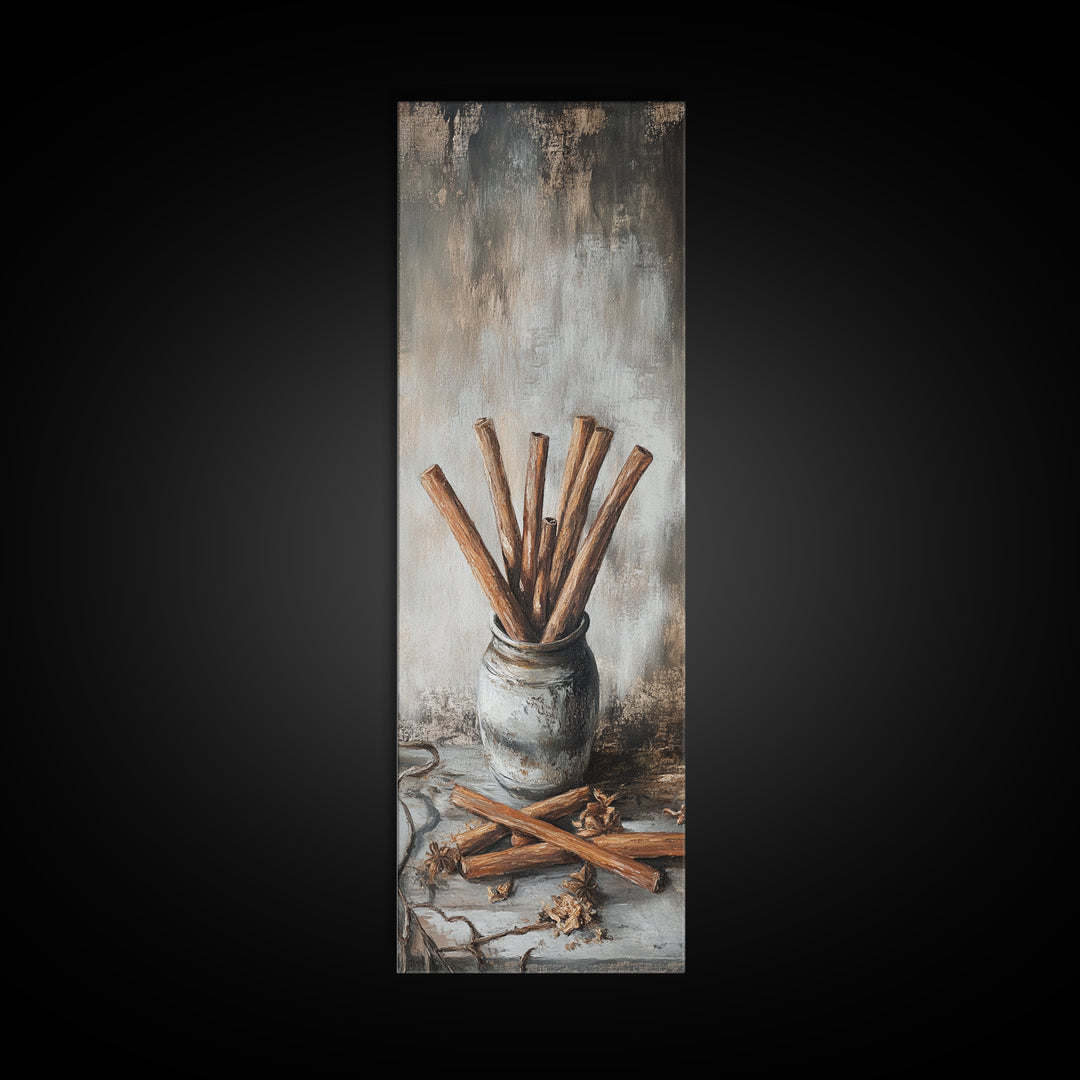 Cinnamon Sticks In Rustic Jar Wall Art, Farmhouse Kitchen Decor, Spice Still Life Canvas Print, Cozy Cafe Art Gift, Home Decor
