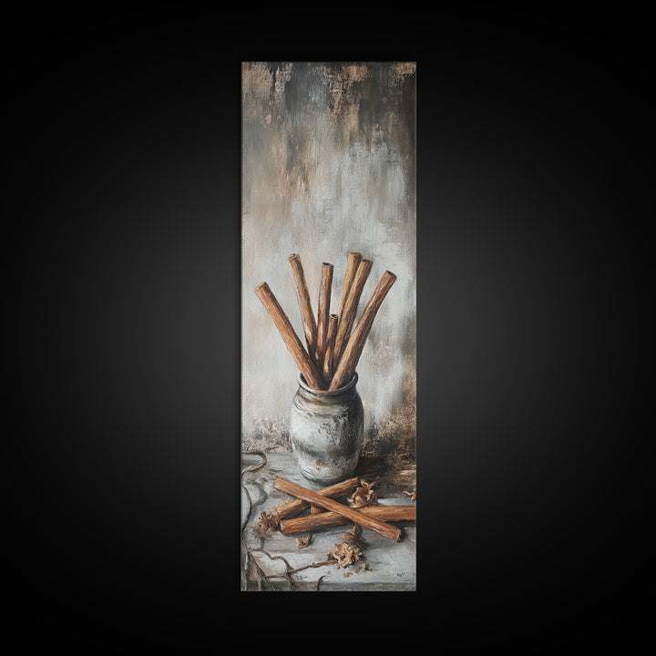 Cinnamon Sticks In Rustic Jar Wall Art, Farmhouse Kitchen Decor, Spice Still Life Canvas Print, Cozy Cafe Art Gift, Home Decor