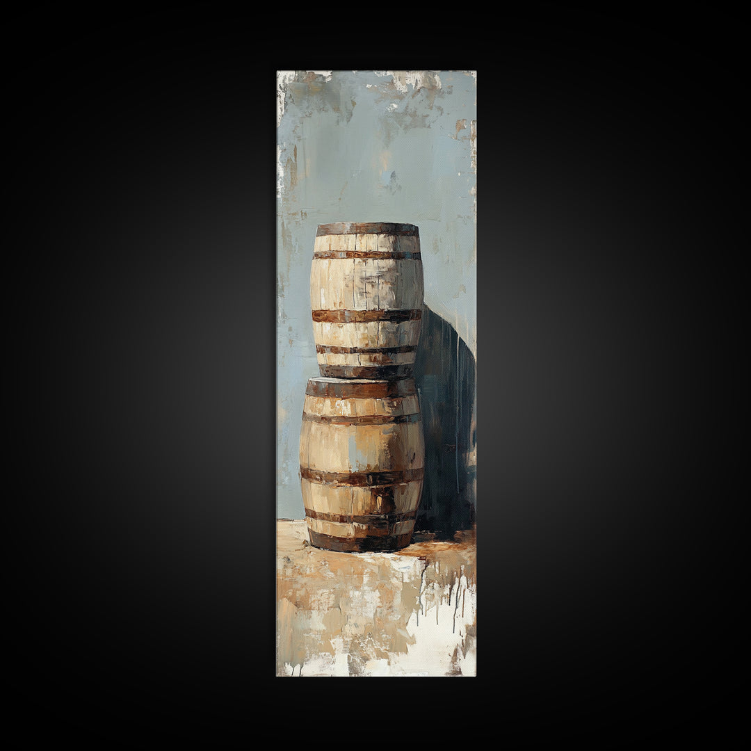 Rustic Wooden Barrels Still Life Wall Art, Farmhouse Winery Decor, Country Framed Canvas Print, Housewarming Gift Home Decor
