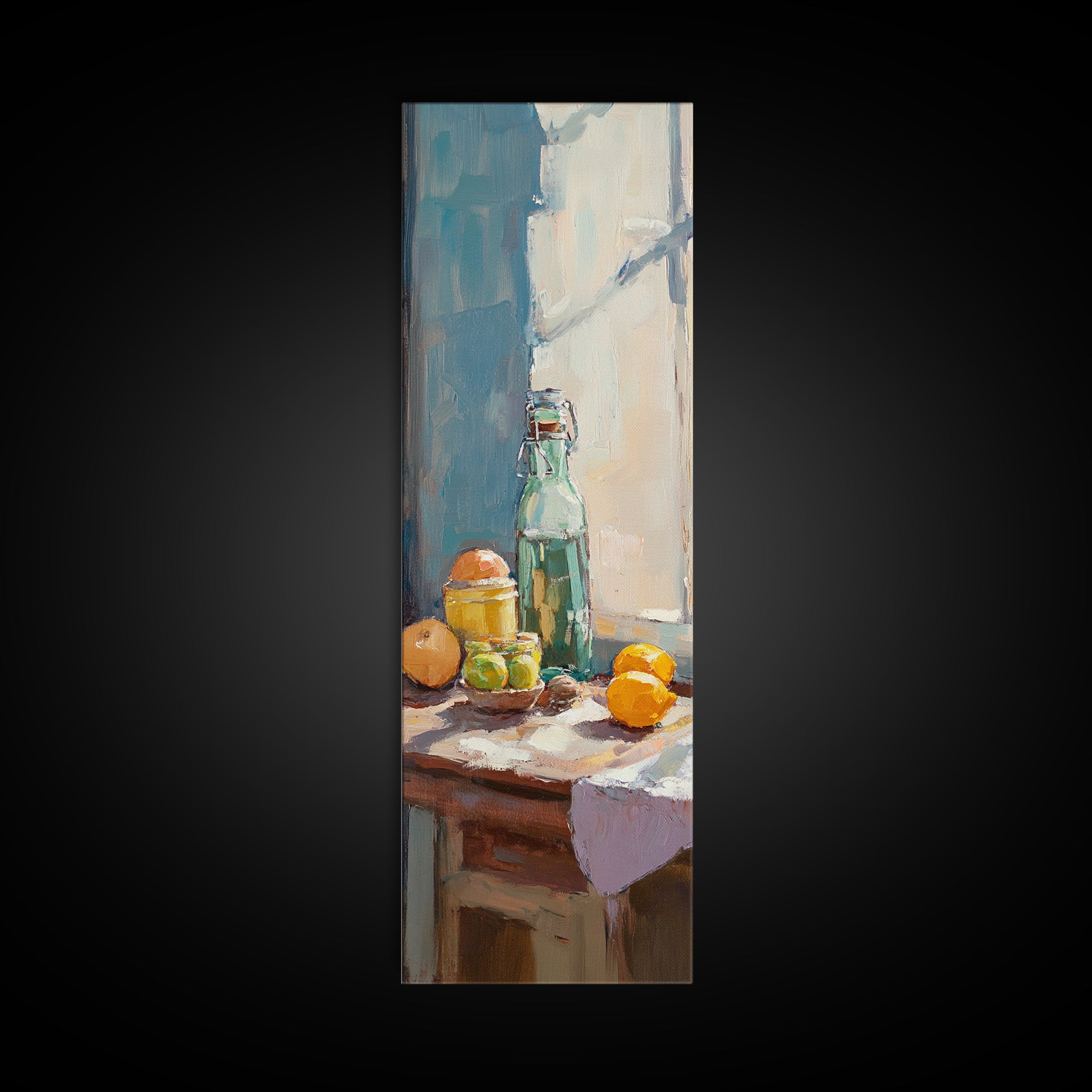 Sunlit Lemons And Glass Bottle Wall Art, Mediterranean Kitchen Decor, Citrus Still Life Canvas Print, Dining Room Art Print