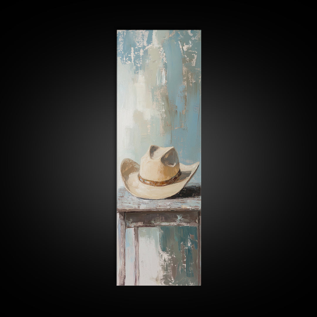 White Cowboy Hat On Table Canvas Print, Western Wall Art, Rustic Ranch Decor, Neutral Southwestern Farmhouse Home Decor, Gift For Him