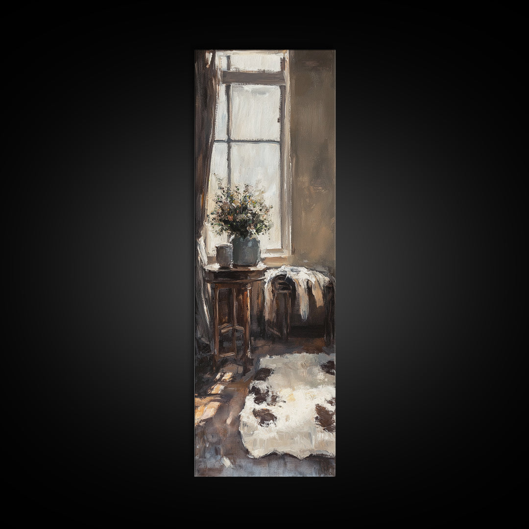 Rustic Window Chair And Cowhide Rug Wall Art, Farmhouse Canvas Print, Cozy Country Home Decor, Neutral Living Room Art Print