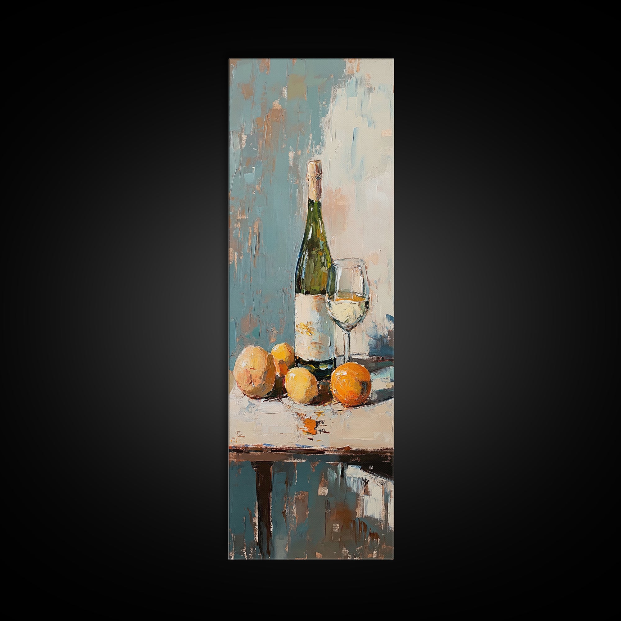 Wine Bottle Glass And Oranges Canvas Print, Kitchen Wall Art, Dining Room Decor, Still Life Painting, Housewarming Gift, Modern Home Decor