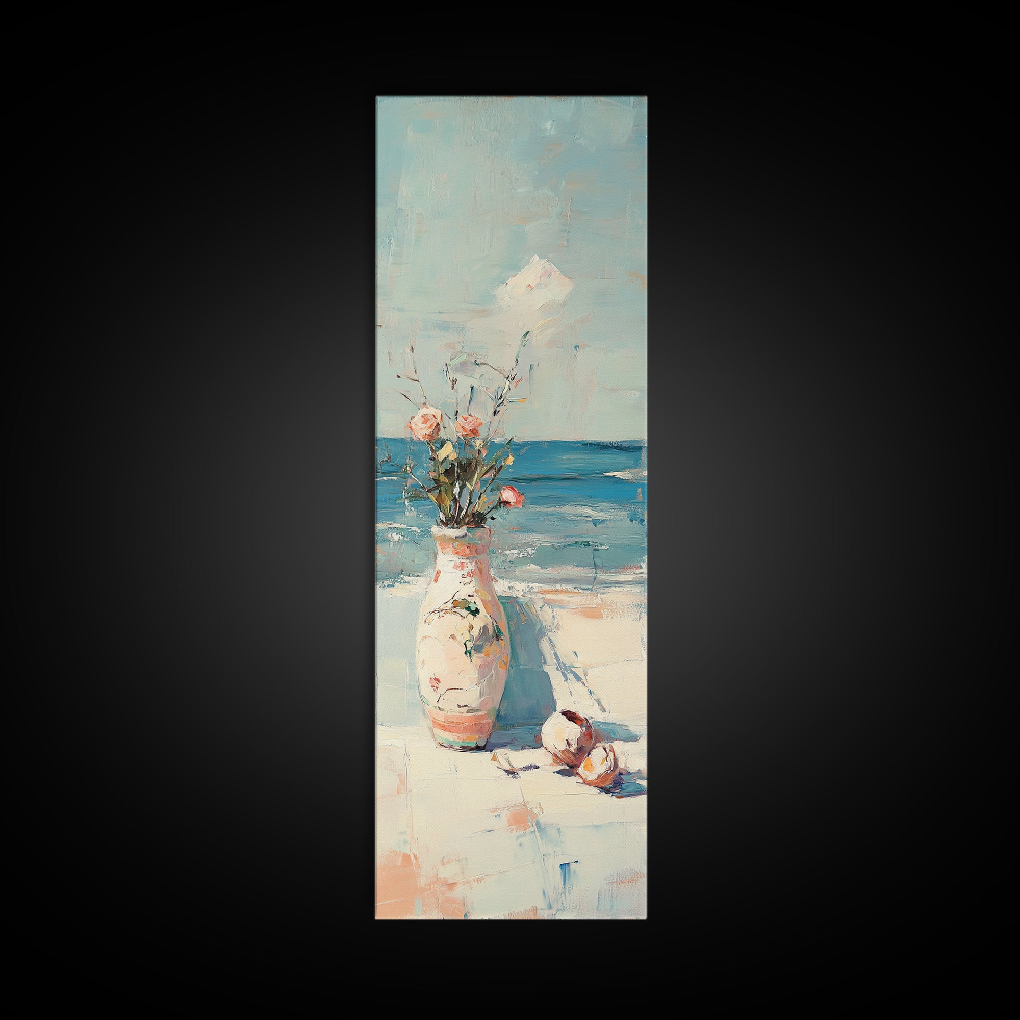 Seaside Flower Vase With Shells Canvas Print, Coastal Wall Art, Beach House Decor, Ocean Wall Decor, Summer Home Decor, Gift For Her