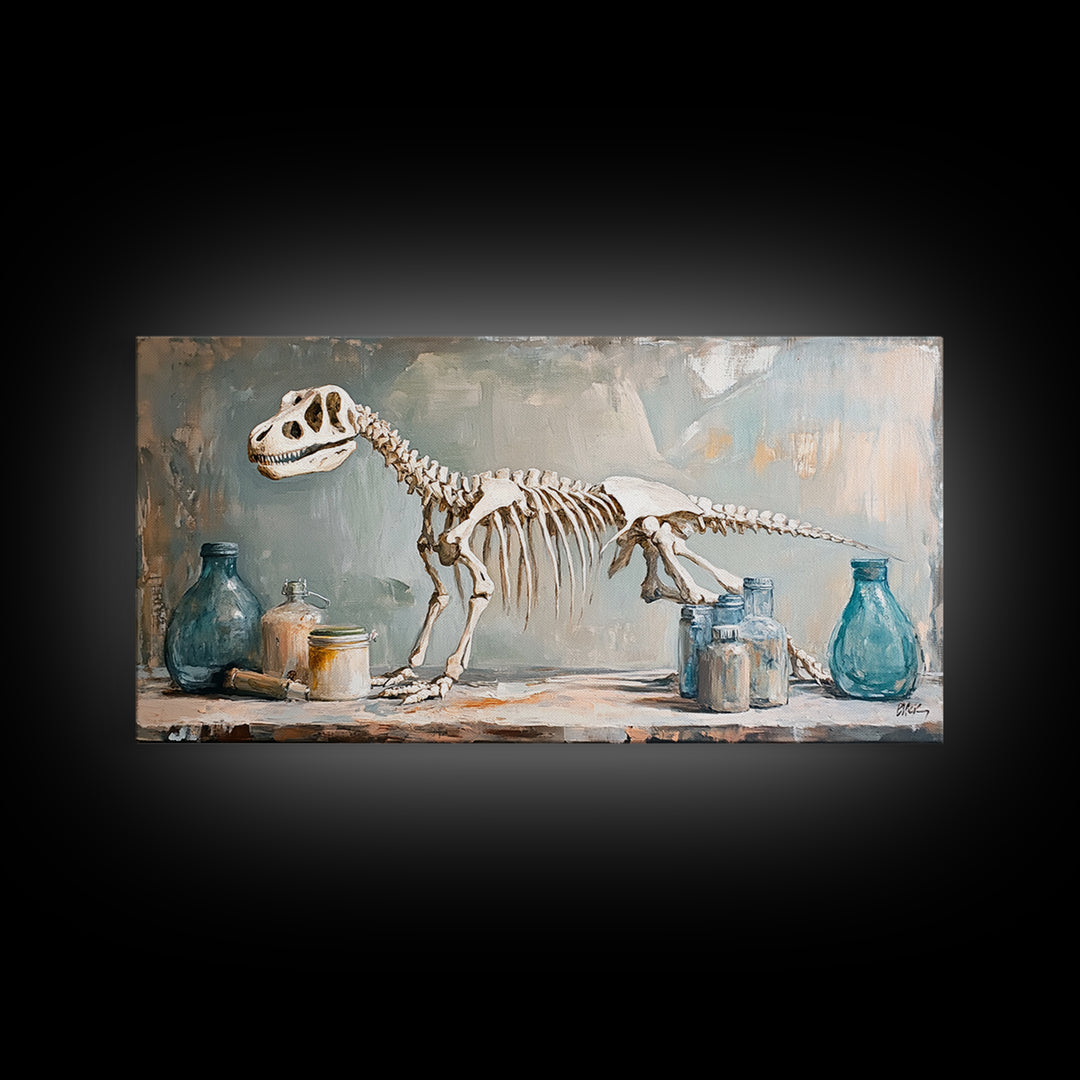 Dinosaur Skeleton Still Life Wall Art, Paleontology Canvas Print, Science Office Decor, Boys Room Decor, Unique Gift, Nursery Wall Art