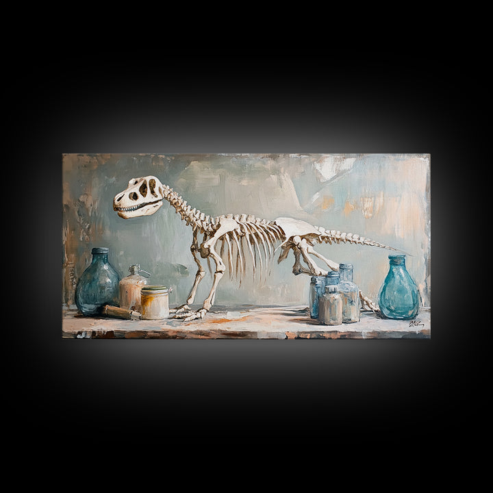 Dinosaur Skeleton Still Life Wall Art, Paleontology Canvas Print, Science Office Decor, Boys Room Decor, Unique Gift, Nursery Wall Art