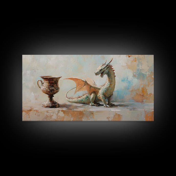 Small Dragon And Goblet Wall Art, Fantasy Canvas Print, Mythical Creature Decor, Kids Room Art, Unique Gift For Him, Nursery Wall Art