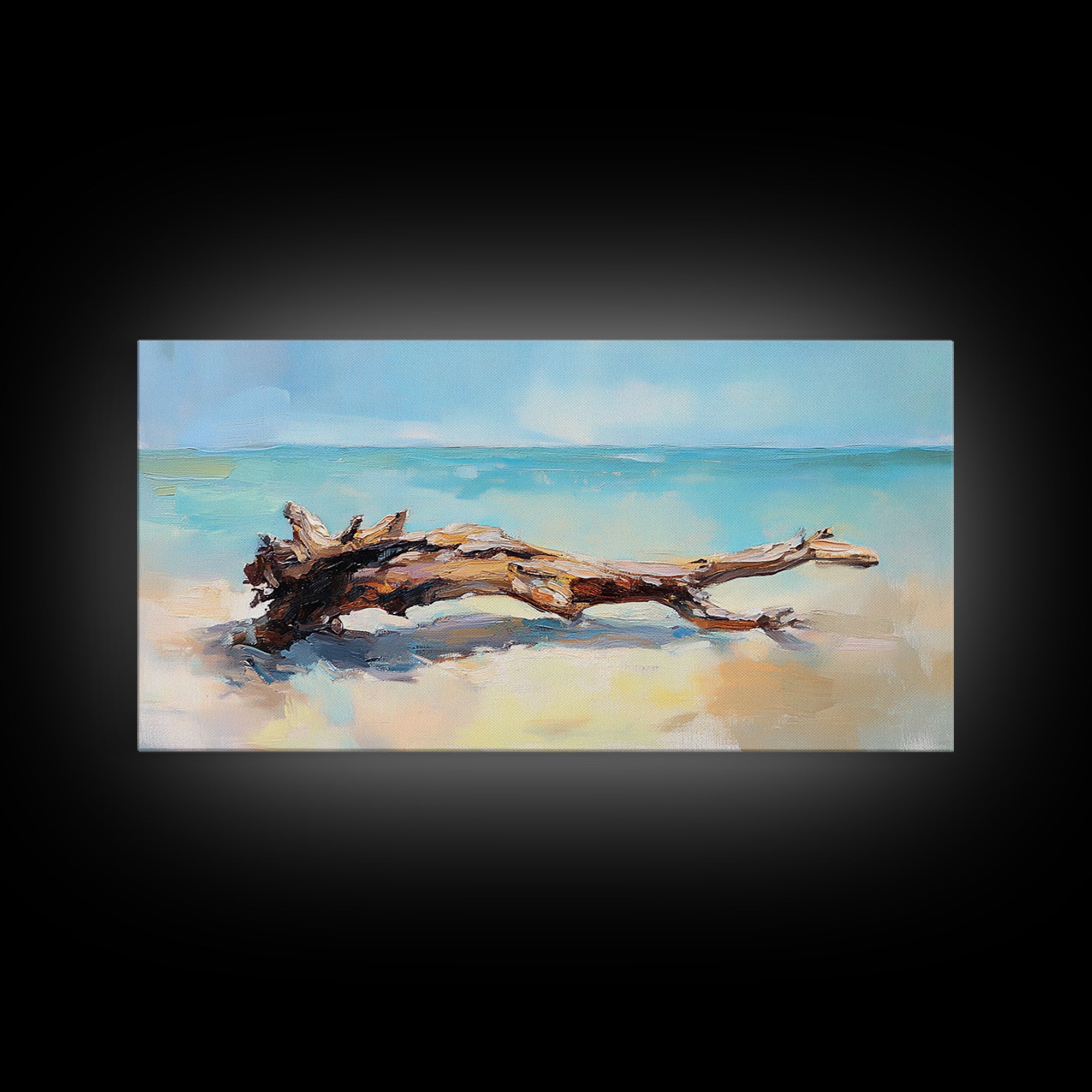 Sunlit Driftwood On Turquoise Shore Wall Art, Coastal Canvas Print, Beach House Decor, Ocean Art, Nautical Home Decor, Living Room Decor