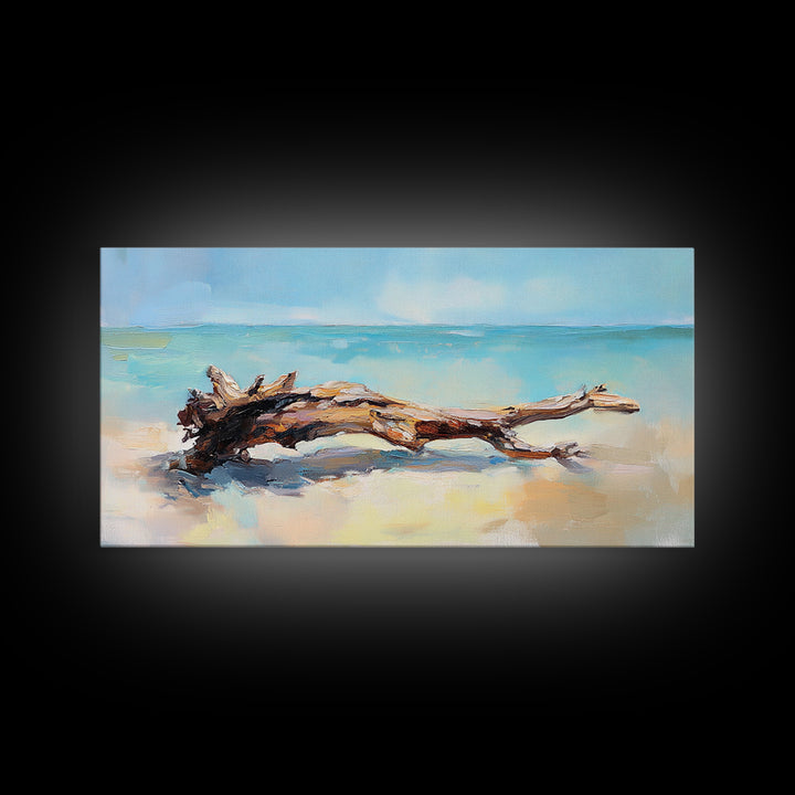 Sunlit Driftwood On Turquoise Shore Wall Art, Coastal Canvas Print, Beach House Decor, Ocean Art, Nautical Home Decor, Living Room Decor
