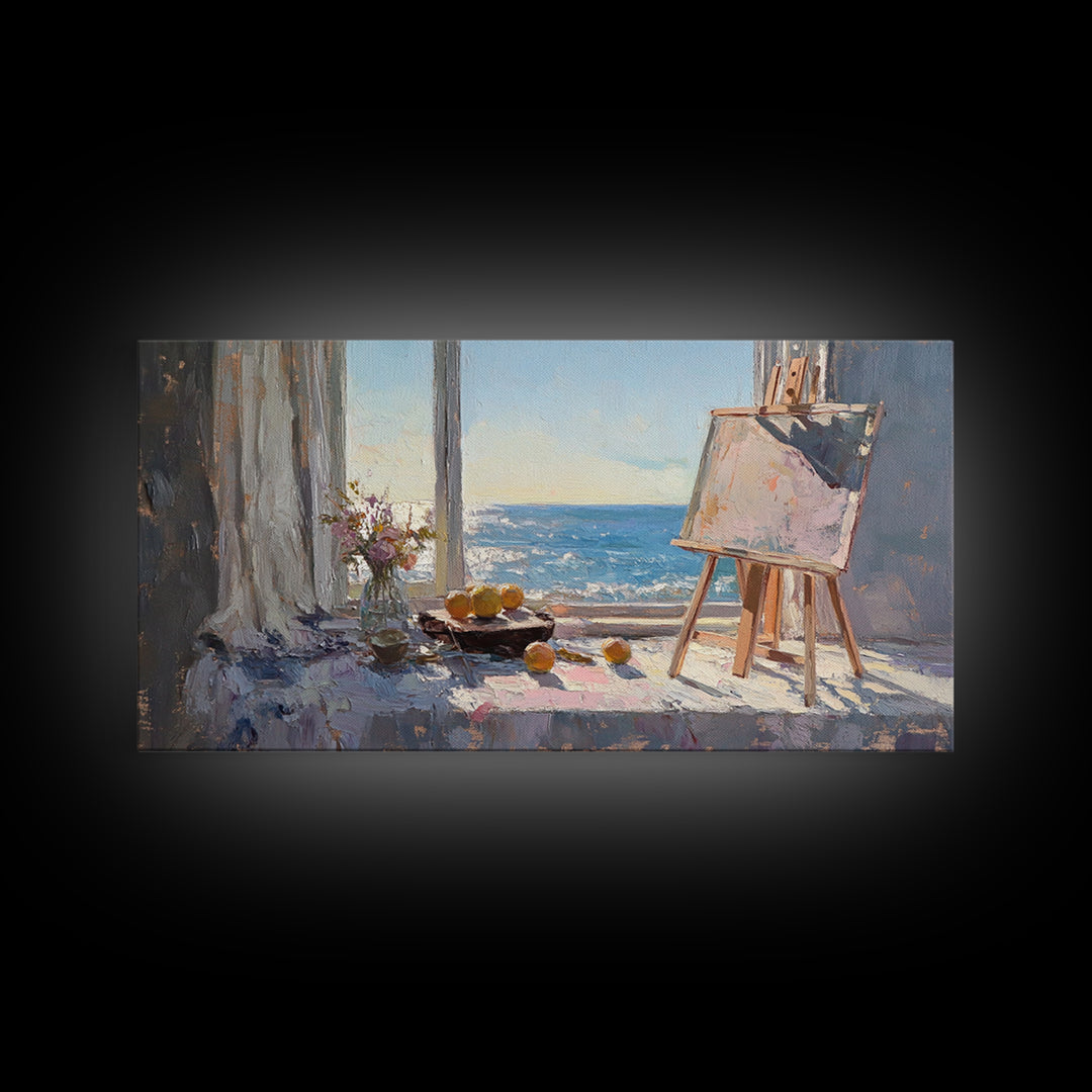 Sunlit Ocean View Art Studio Wall Art, Coastal Canvas Print, Easel And Lemons Still Life, Creative Office Decor, Beach House Decor