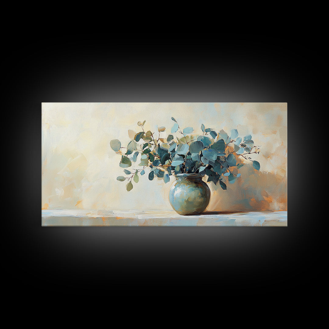 Blue Eucalyptus Vase Still Life Wall Art, Botanical Canvas Wall Decor, Neutral Living Room Decor, Rustic Farmhouse Art Print