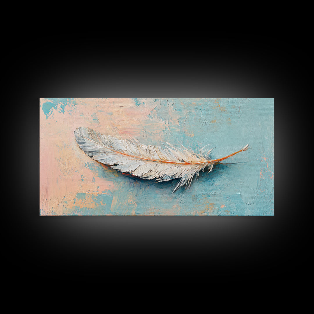 White Feather On Soft Blue Peach Texture Framed Canvas Print, Coastal Wall Art, Neutral Home Decor, Boho Bedroom Decor, Gift For Her