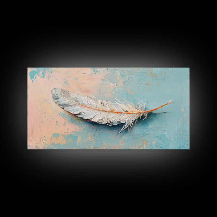 White Feather On Soft Blue Peach Texture Framed Canvas Print, Coastal Wall Art, Neutral Home Decor, Boho Bedroom Decor, Gift For Her