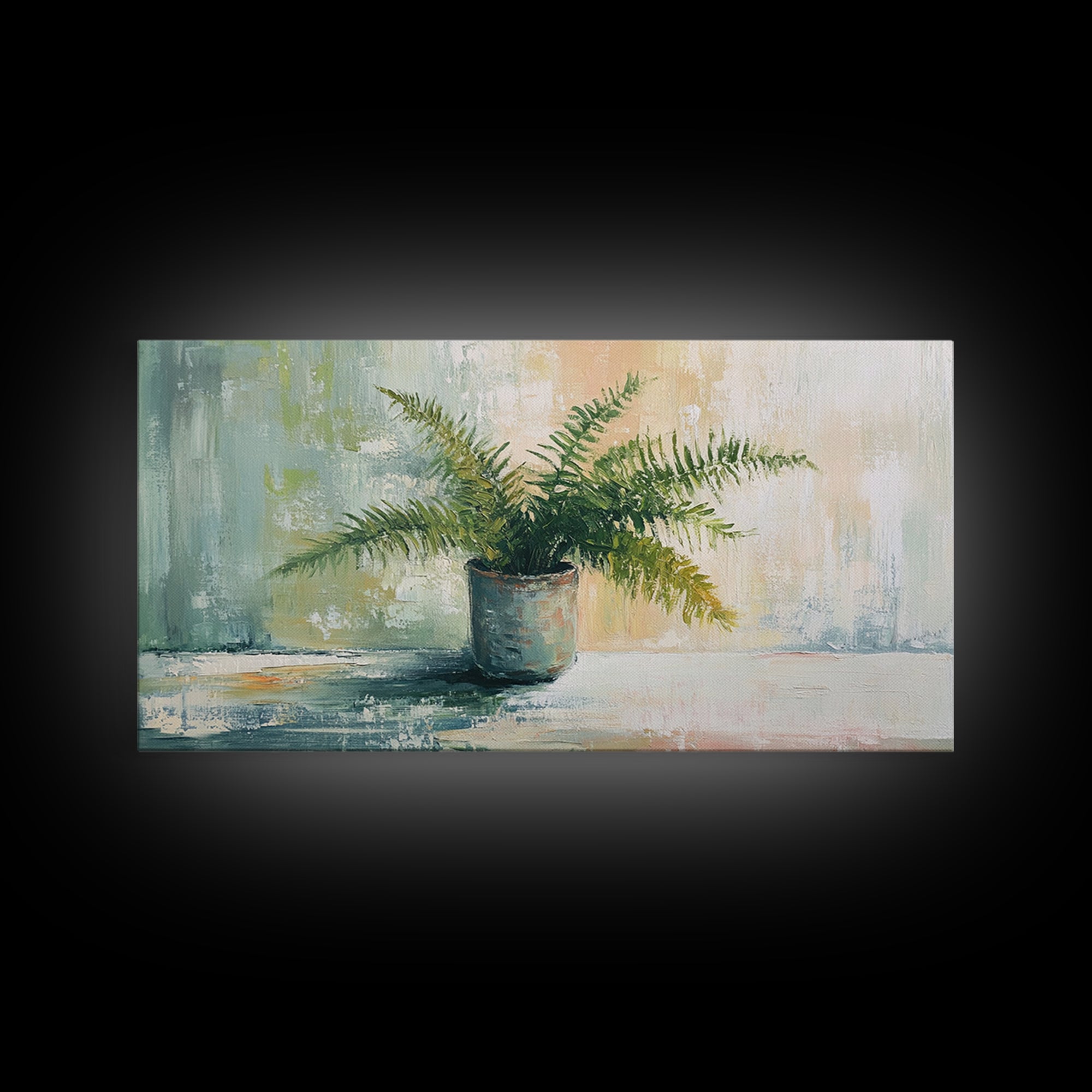 Potted Fern Plant In Textured Green Light Canvas Print, Botanical Wall Art, Nature Wall Decor, Japandi Home Decor, Office Decor