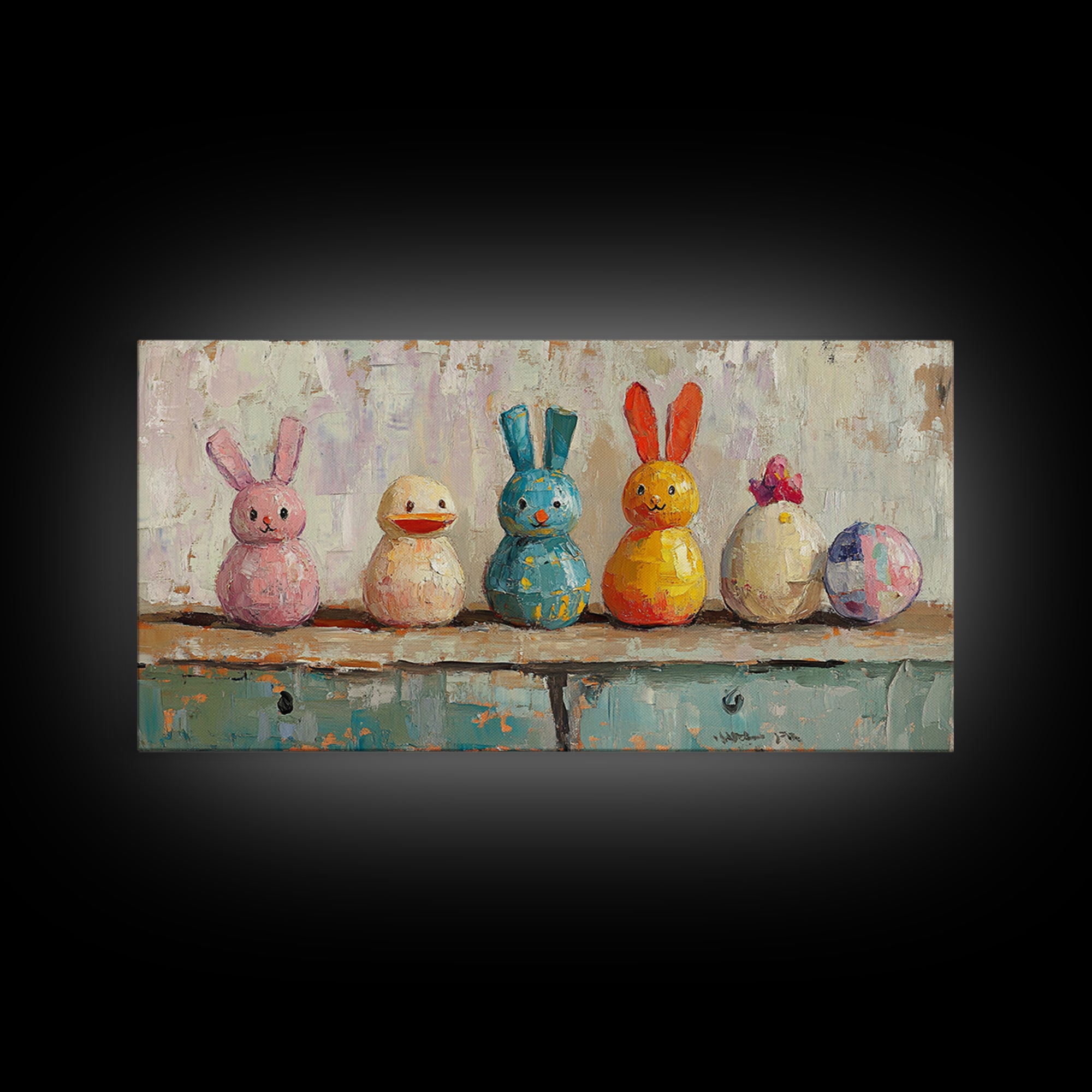 Whimsical Bunny And Duck Toys Framed Canvas Print, Nursery Wall Art, Kids Room Decor, Easter Gift, Playroom Wall Decor, Baby Shower Gift