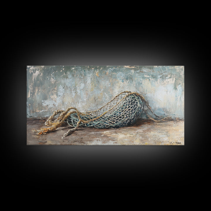 Weathered Fishing Net Framed Canvas Print, Nautical Wall Art, Coastal Home Decor, Rustic Seascape, Beach House Gift For Him