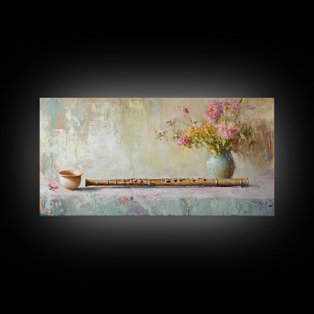 Rustic Flute Still Life With Pink Flowers, Framed Canvas Print, Music Room Wall Art, Farmhouse Decor, Gift For Music Lover
