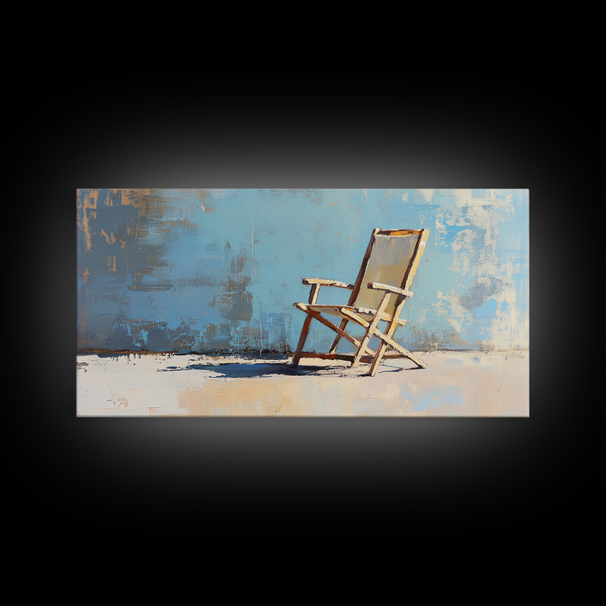 Minimal Beach Chair On Blue Wall, Canvas Print, Coastal Wall Art, Modern Home Decor, Beach House Decor, Living Room Wall Art