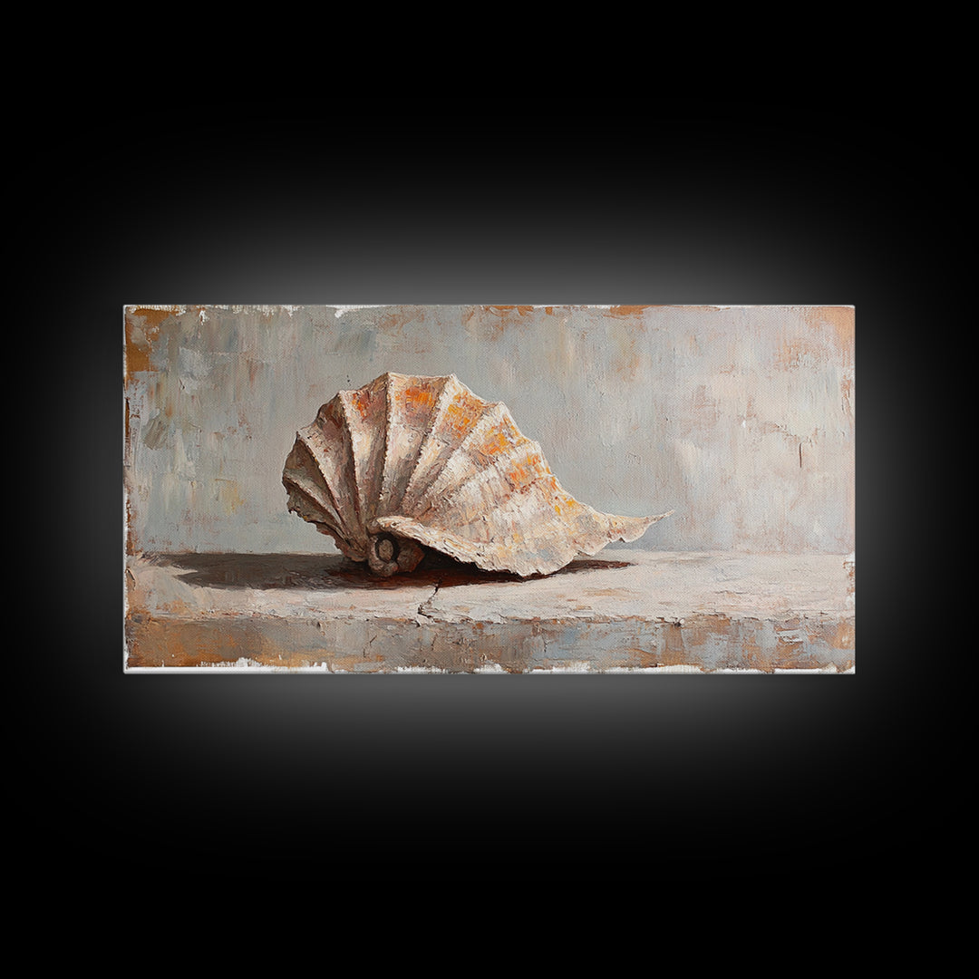 Textured Seashell Still Life In Neutral Tones, Framed Canvas Print, Coastal Wall Art, Beach House Decor, Nautical Wall Art