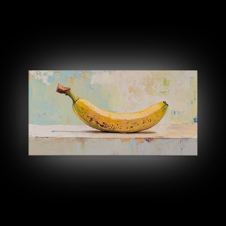 Bright Banana Still Life On Pale Blue, Framed Canvas Print, Kitchen Wall Art, Fruit Art, Colorful Kitchen Decor, Foodie Gift