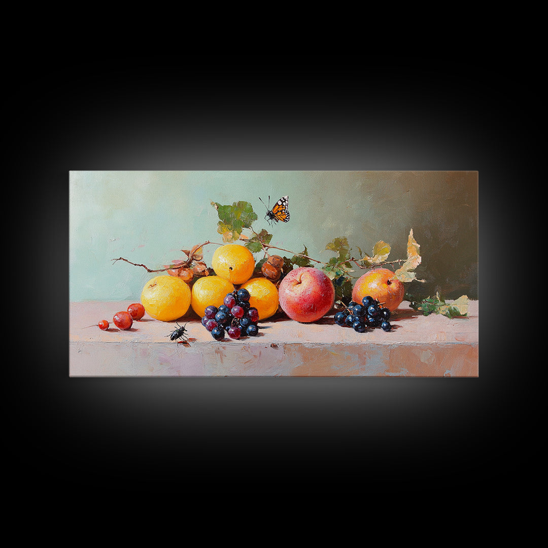 Oranges Grapes Apple Still Life With Butterfly, Canvas Print, Fruit Art, Kitchen Wall Art, Botanical Decor, Dining Room Print