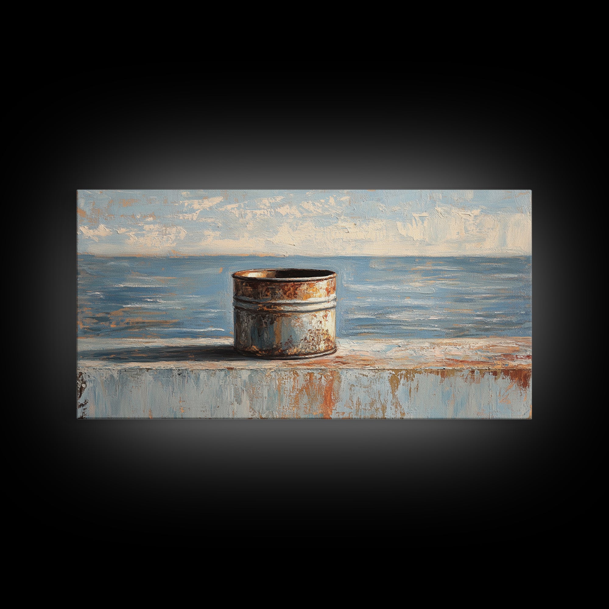 Rusty Tin Can By Blue Sea Wall Art, Coastal Industrial Still Life Canvas Print, Rustic Beach House Decor For Living Room