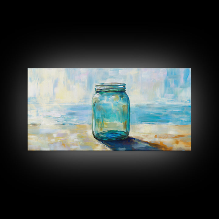 Blue Glass Mason Jar Wall Art, Coastal Still Life Canvas Print, Minimalist Beach House Decor For Kitchen Or Bathroom Art