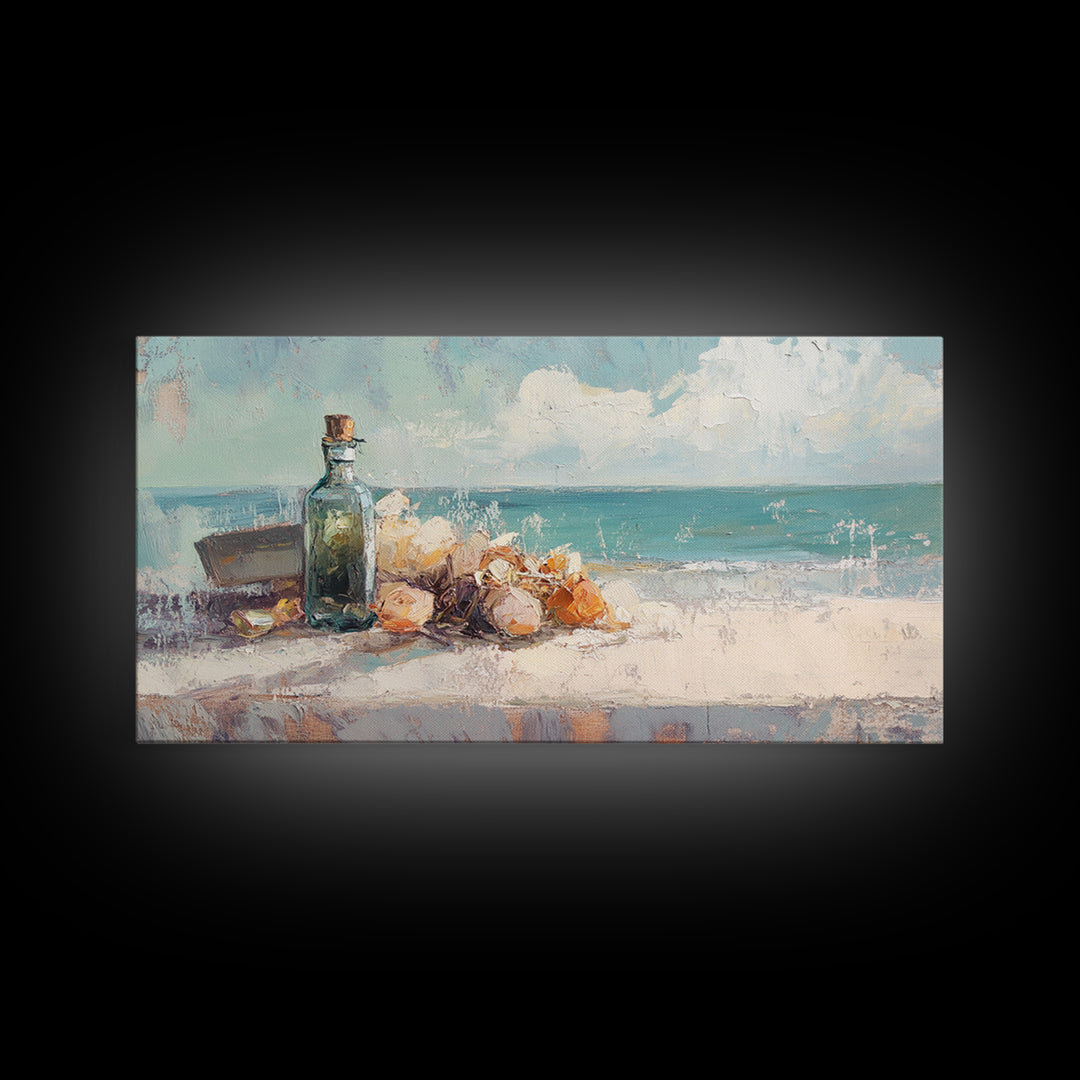 Sea Glass Bottle And Seashells Wall Art, Coastal Beach Framed Canvas Print, Nautical Decor For Bathroom Or Entryway Wall Decor