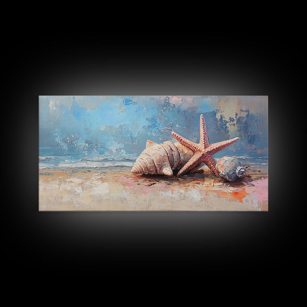 Starfish And Seashells On Sandy Shore Wall Art, Coastal Ocean Canvas Print, Beach House Decor For Bathroom Or Bedroom Wall Decor