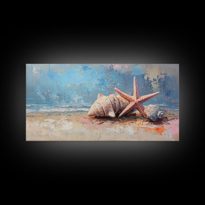 Starfish And Seashells On Sandy Shore Wall Art, Coastal Ocean Canvas Print, Beach House Decor For Bathroom Or Bedroom Wall Decor
