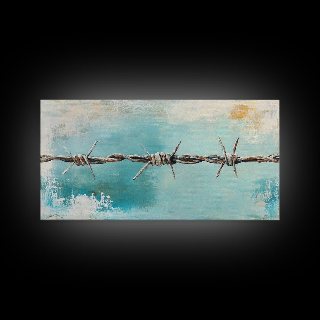 Rusty Barbed Wire Against Turquoise Sky Wall Art, Western Industrial Canvas Print, Modern Rustic Farmhouse Decor For Entryway