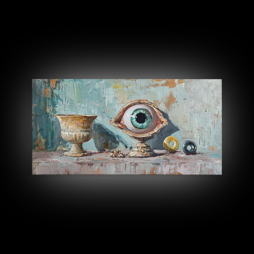 Surreal Blue Eye Relic And Antique Urn Wall Art, Mystical Eclectic Framed Canvas Print, Dark Academia Office Decor For Library