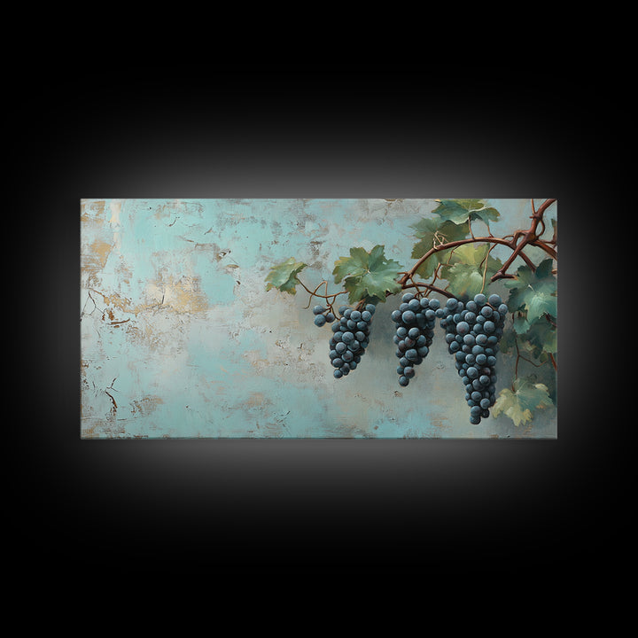 Blue Grapes On Vine Wall Art, Rustic Kitchen Decor, Vineyard Painting, Wine Country Print, Farmhouse Dining Room Canvas Art