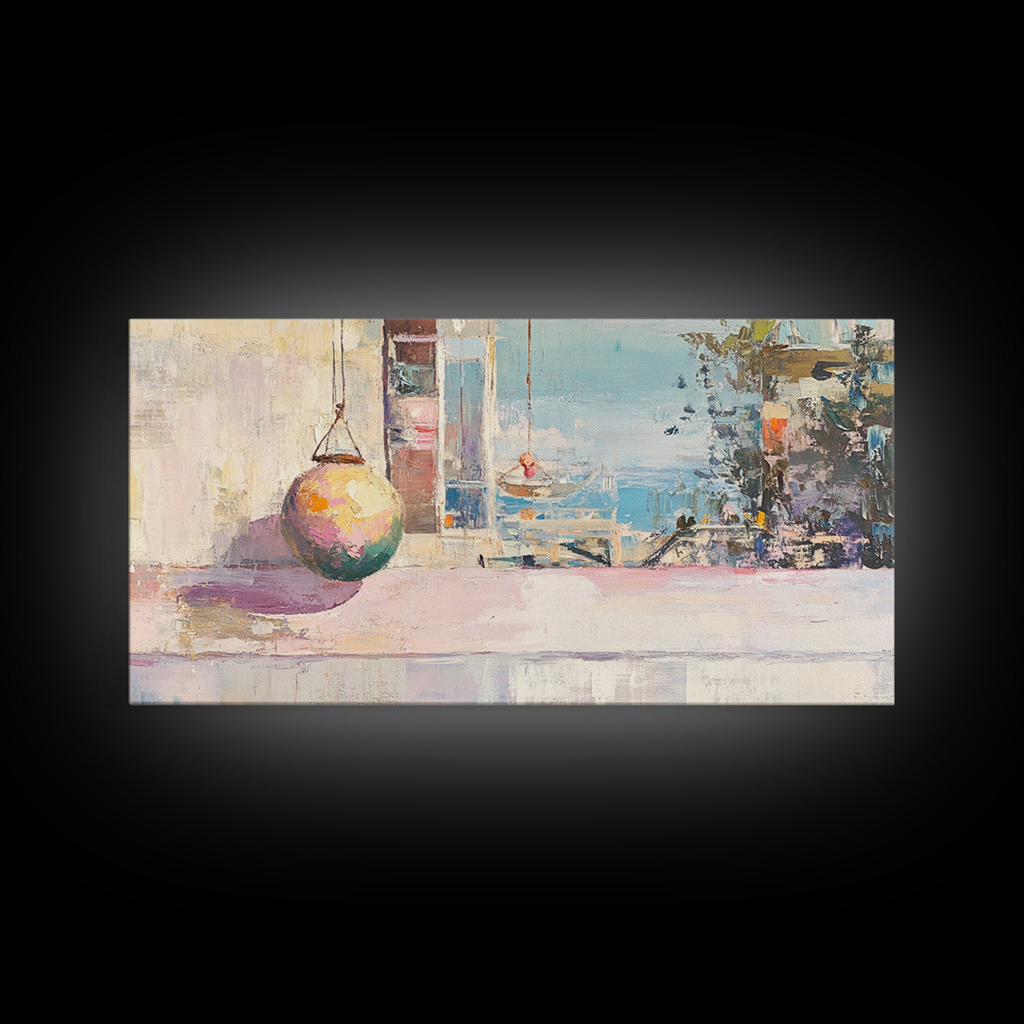 Pastel Seaside Window Canvas Print, Coastal Wall Art, Mediterranean Beach House Decor, Soft Ocean View Living Room Print