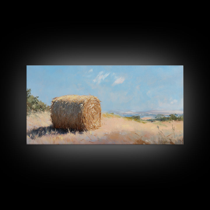 Golden Hay Bale Landscape Wall Art, Rustic Farmhouse Decor, Country Field Painting, Nature Print For Living Room Wall Decor