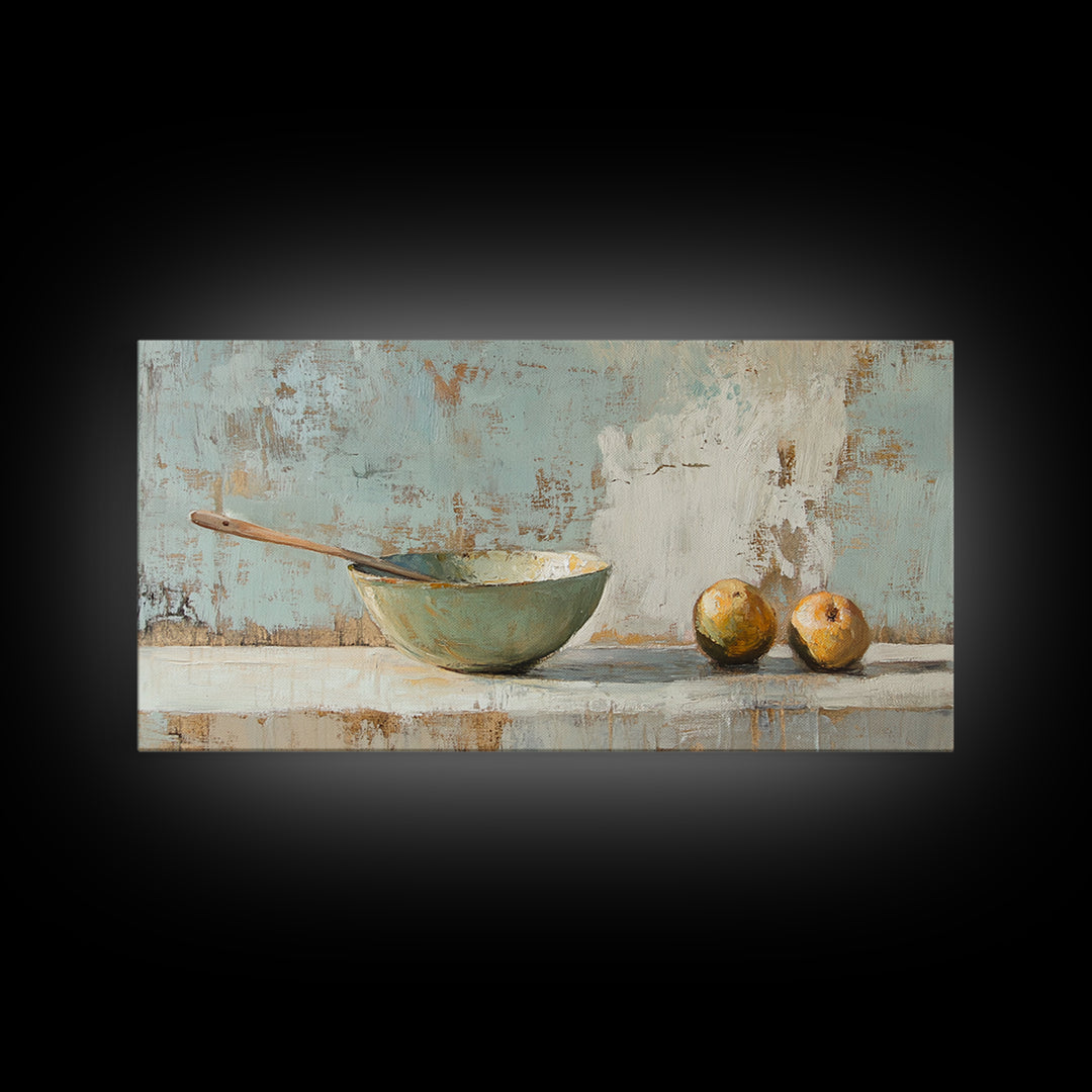 Rustic Bowl And Pears Canvas Print, Kitchen Wall Art, Farmhouse Still Life Painting, Country Dining Room Wall Decor Print